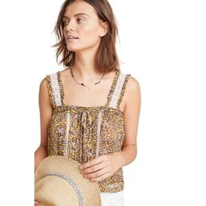 Anthropologie Bardot Blouse Size 4 Yellow Brown Floral Crochet Lace 4P